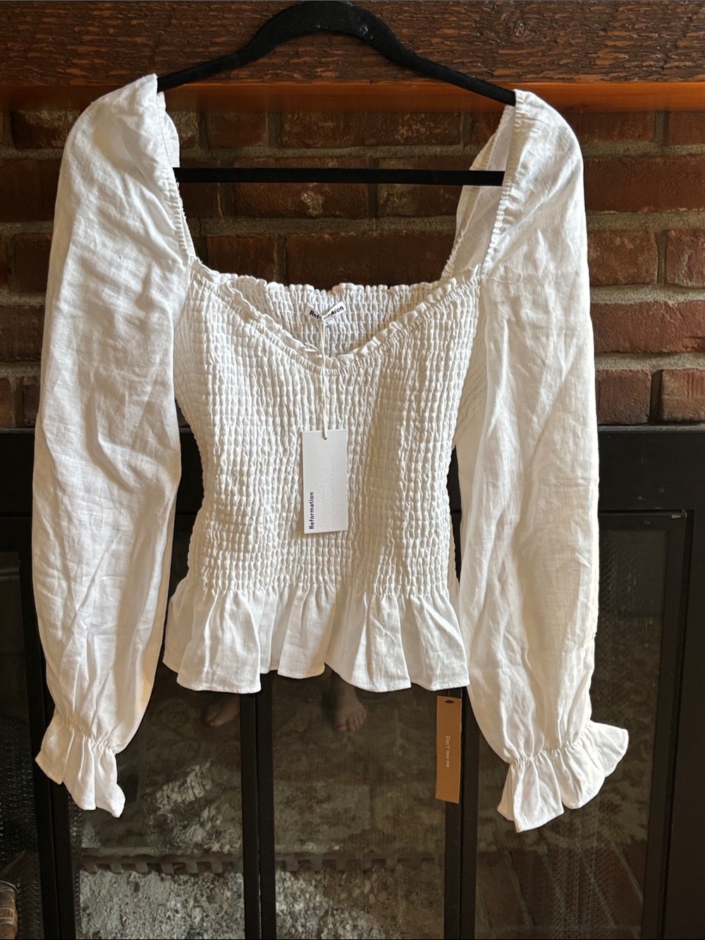 Reformation White Smocked Peplum Long-Sleeve Blouse